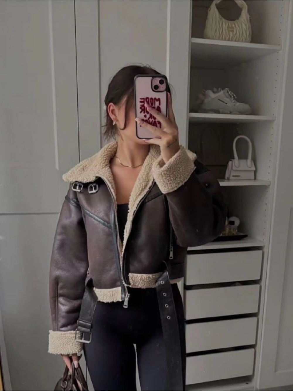 ZARA Brown Double-Faced Faux Shearling Trim Short Aviator Jacket - S - Picture 7 of 8